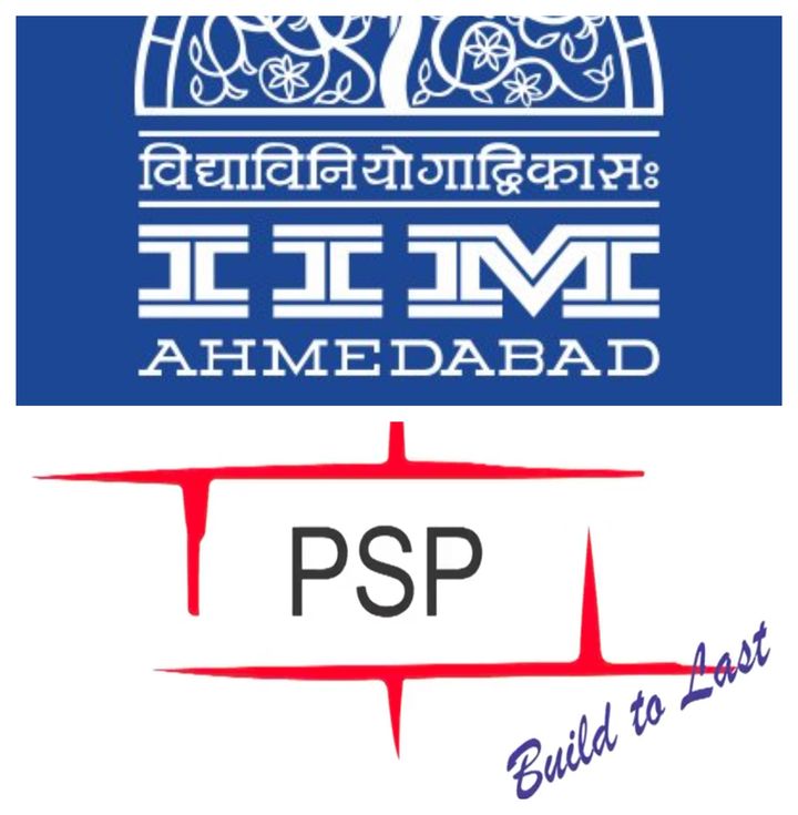 Collage of brand logos of the IIM-A (in blue) and PSP Projects Ltd (in red and black). The contractor for building the new IIM-A building is PSP Projects Limited and IIM-A is the principal employer. Both bear responsibility for the plight of the workers, the notice sent by advocate Anandvardhan Yagnik says.