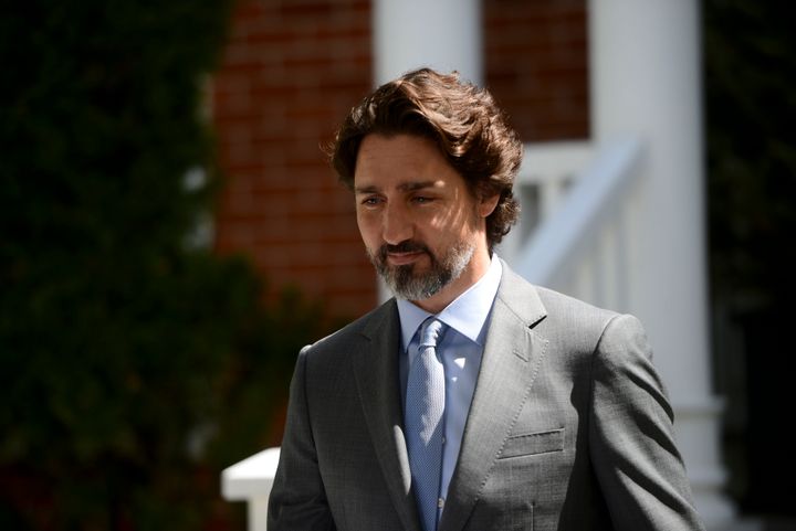 Prime Minister Justin Trudeau holds a press conference at Rideau Cottage amid the COVID-19 pandemic in Ottawa on May 21, 2020.