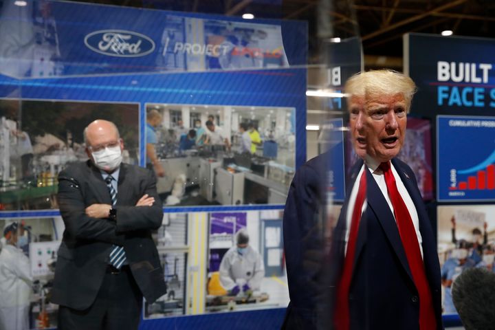 Donald Trump speaks as he tours Ford's Rawsonville Components Plant that has been converted to making personal protection and medical equipment.