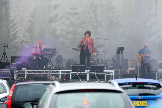 SYDNEY, AUSTRALIA - MAY 21: Casey Donovan performs on stage during a media call to showcase how a drive-in live entertainment venue will operate ahead of its opening in July in the suburb of Tempe on May 21, 2020 in Sydney, Australia. From July visitors will be able to drive to the venue and enjoy music and performances from the safety of their vehicles as restrictions on group sizes continues due to the COVID-19 pandemic. (Photo by Don Arnold/WireImage)
