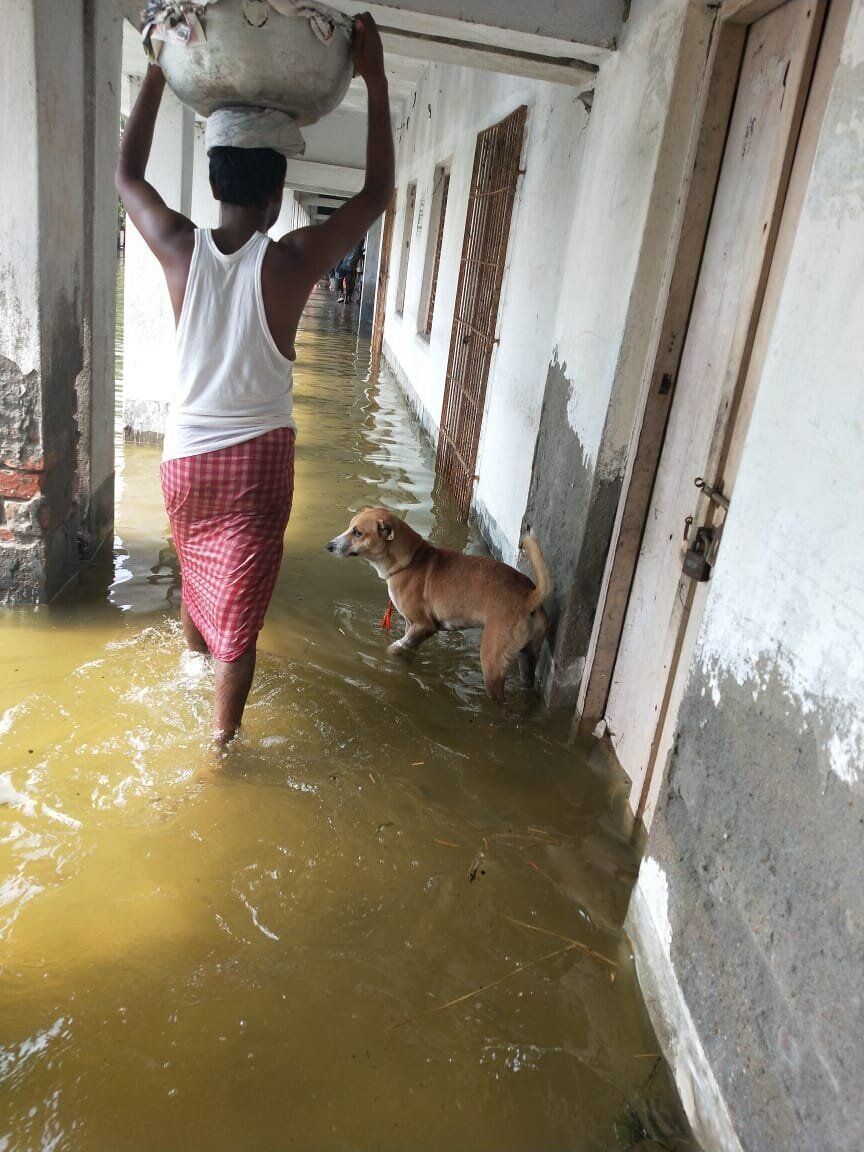 A man wades through water with a container of food for people who have taken shelter in the upper floors of this building. 