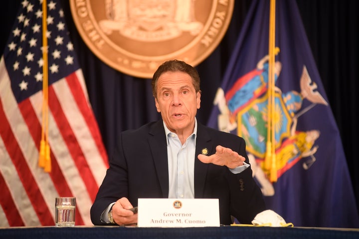 New York Gov. Andrew Cuomo briefs the media during a coronavirus news conference at his office in New York City, Saturday, Ma