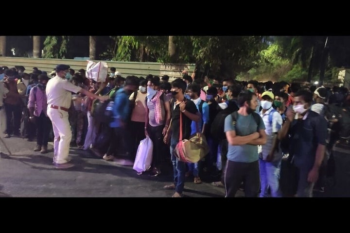 Many of the MP migrant workers were unable to board the train. Thousands of migrant workers, living across Goa, have suffered through the state’s messy lockdown, with police using batons to enforce stay-at-home orders.Police attempt to keep MP migrant workers away from the railway station. Many were unable to board the train.