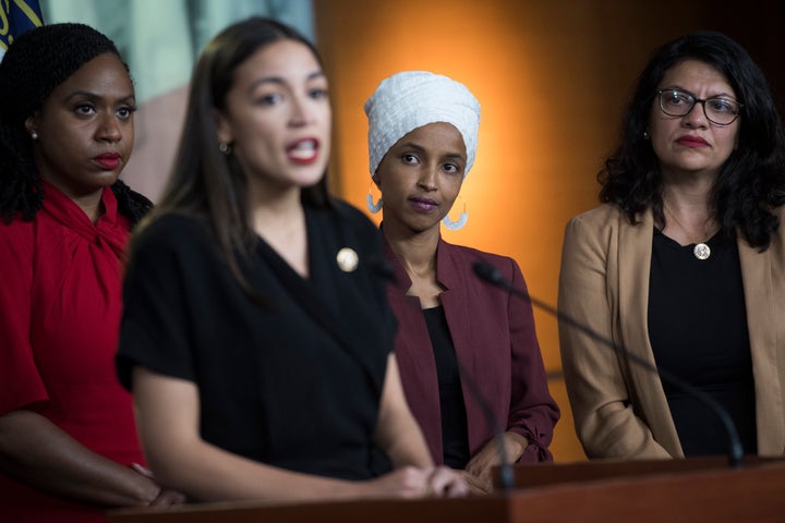 The Squad, from left: Reps. Ayanna Pressley (D-Mass.), Alexandria Ocasio-Cortez (D-N.Y.), Ilhan Omar (D-Minn.) and Tlaib, responding to President Donald Trump's disparaging remarks in July 2019.