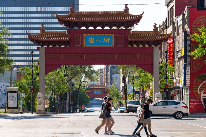 The lions that mark the entrance to Montreal's Chinatown, shown here June 11, 2017, were vandalized this spring. 
