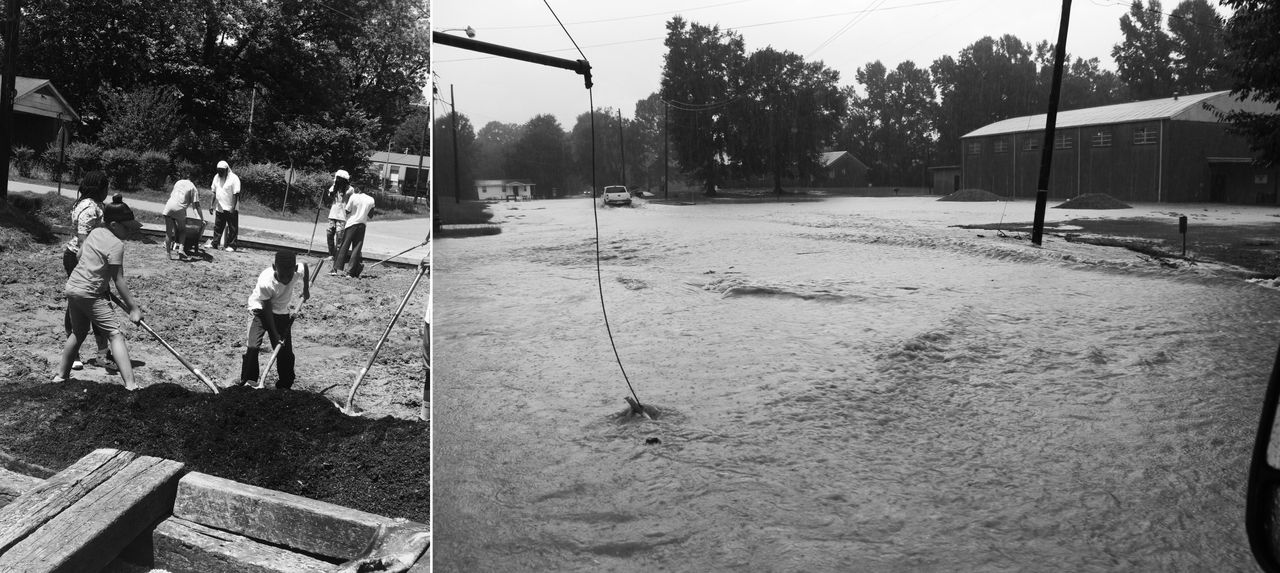 Right: A street in the town looked like after a storm before it had an updated drainage system. Left: Kids in Creek Rangers helping to build a green space where flooding once was.