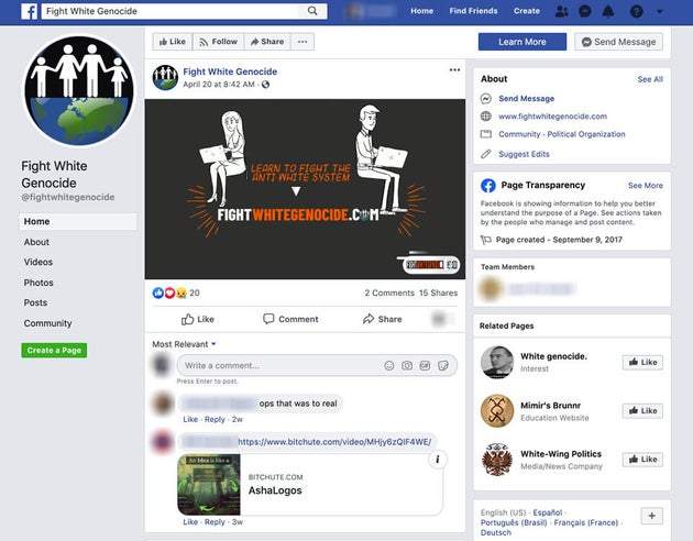 A screenshot of a white supremacist group's Facebook page from the study by the Tech Transparency
