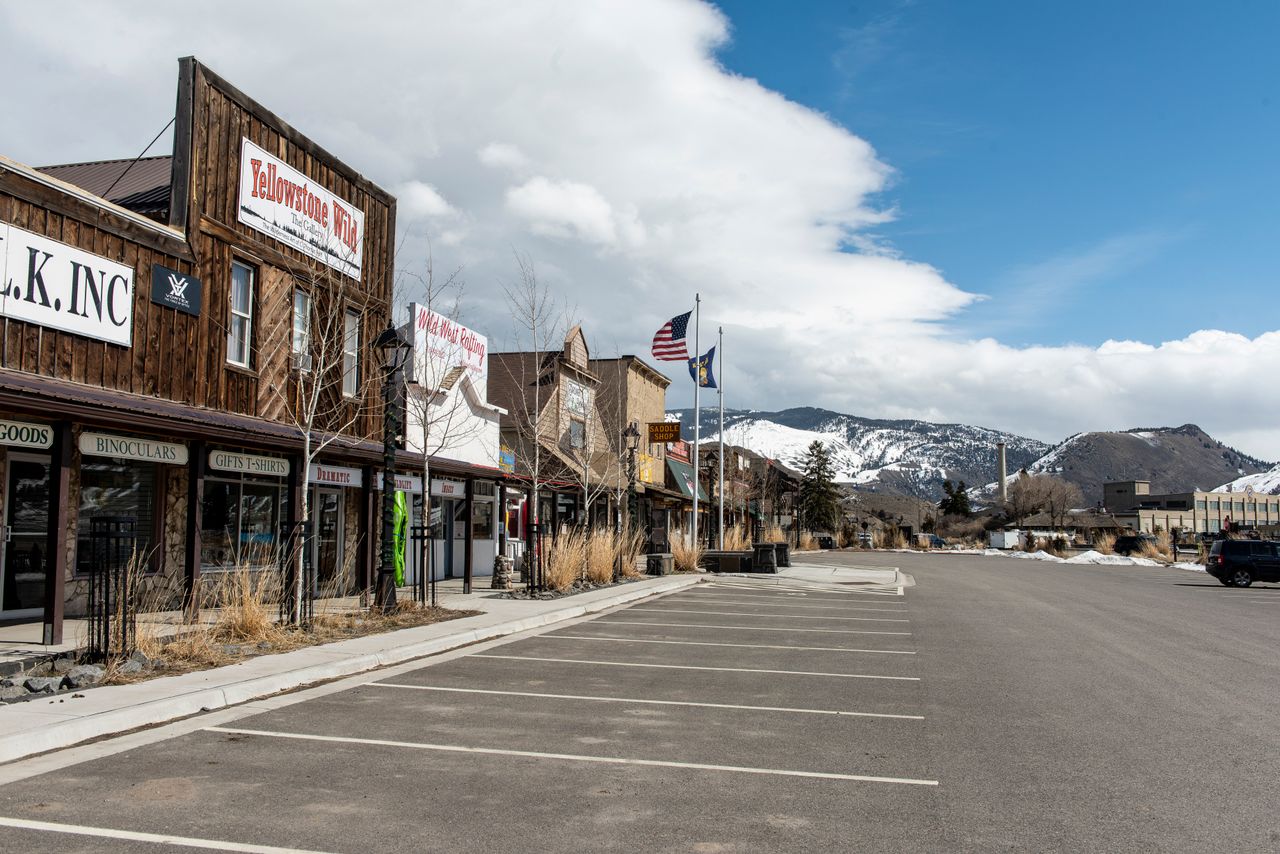 Closed tourist shops in Garidiner, Montana, at the north entrance to Yellowstone on March 24.