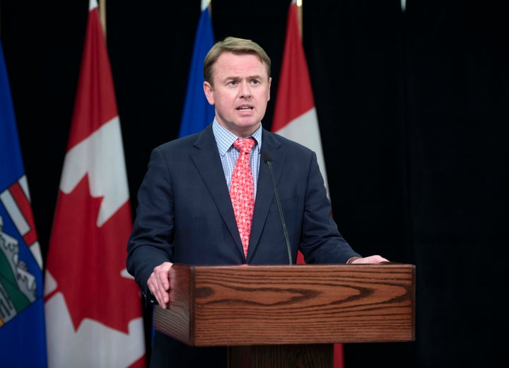 Alberta Health Minister Tyler Shandro speaks during a press conference in Edmonton on April 24, 2020.