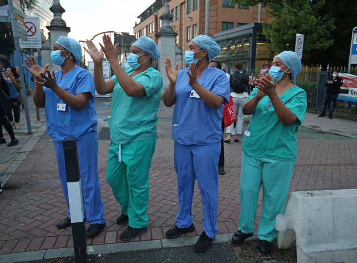 Hospital staff outside King's College Hospital in Camberwell, south London