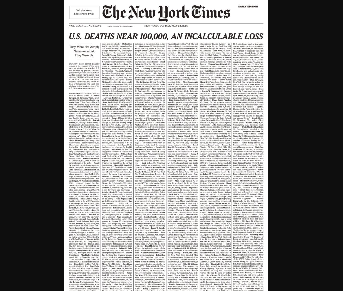 The New York Times Fills Entire Cover With Names Of Coronavirus Victims ...