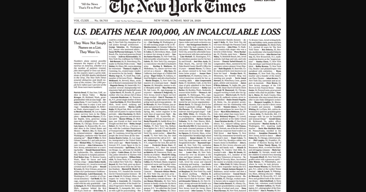 The New York Times Fills Entire Cover With Names Of Coronavirus Victims In The U S Huffpost Australia