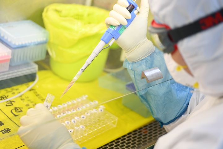 A worker in a protective suit examines specimens inside a laboratory following an outbreak of the novel coronavirus in Wuhan, Hubei province, China February 6, 2020. 