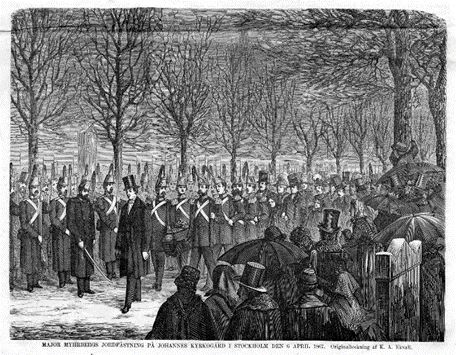 Η επίσημη δημόσια κηδεία του Myhrberg στις 6 Απριλίου 1867, Στοκχόλμη, εξώφυλλο του Ny Illustrerad Tidning, 20 Απριλίου 1867.
