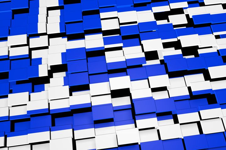Modern 3D rendered concept of numerous square tiles sliding together to form the national flag of Greece.