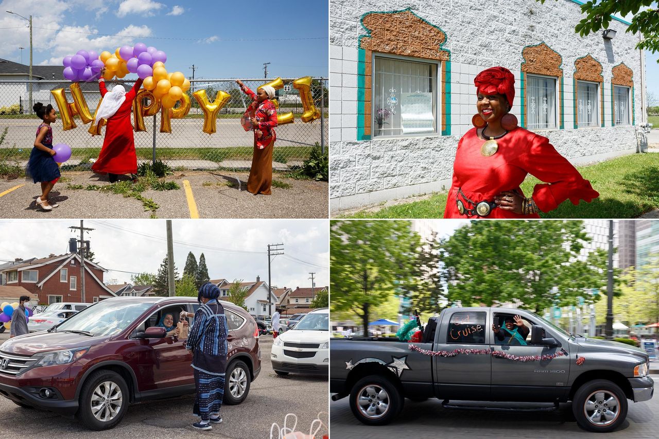 Left top: Isra Naeem, 7, left, holds onto a purple balloon while Tasneem Abdul-Basir, center, and Laila Saadiq help set up and secure decorations before the Woodward Eid Cruise on Sunday, May 24, at the Muslim Center Masjid in Detroit. Right top: Zarinah El-Amin poses for a portrait outside the Muslim Center Masjid before helping to set up the treat and toy drive station for the Woodward Eid Cruise on the last day of Eid al-Fitr. Bottom left: A volunteer hands a goodie bag to a family before the Woodward Eid Cruise. Bottom right: A family waves from their car while they make their way around Campus Martius Park during the Woodward Eid Cruise.