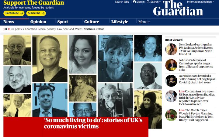 新型コロナの犠牲者たちを特集した英高級紙『ガーディアン』。記事では1人1人の「横顔」を実名、写真付きで紹介している