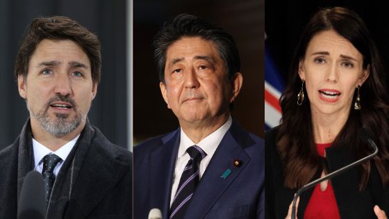 （左から）カナダのジャスティン・トルドー首相、日本の安倍晋三首相、ニュージーランドのジャシンダ・アーダーン首相。