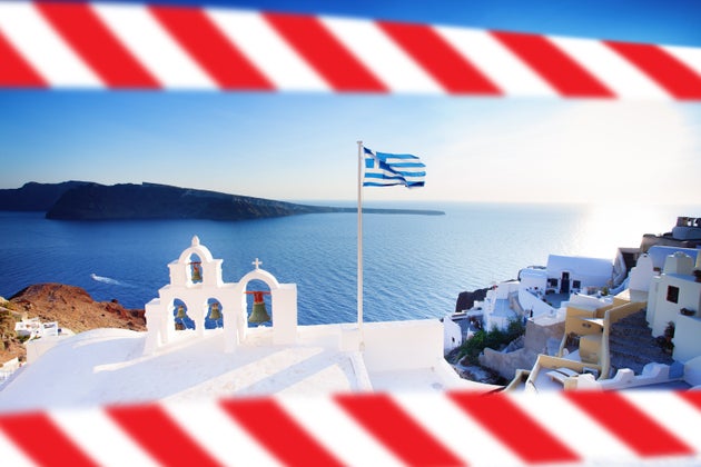 Greek flag and Greece skyline with warning tape. Covid-19 quarantine