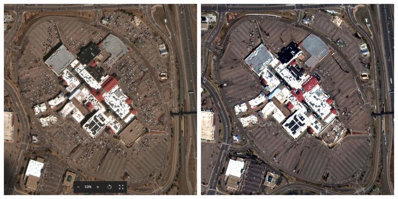 Αριστερά: Πάρκινγκ εμπορικού κέντρου στο Κολοράντο, γεμάτο αυτοκίνητα (10 Μαρτίου)Δεξιά: Το ίδιο πάρκινγκ του κλειστού πλέον εμπορικού είναι απελπιστικά άδειο (22 Μαρτίου)