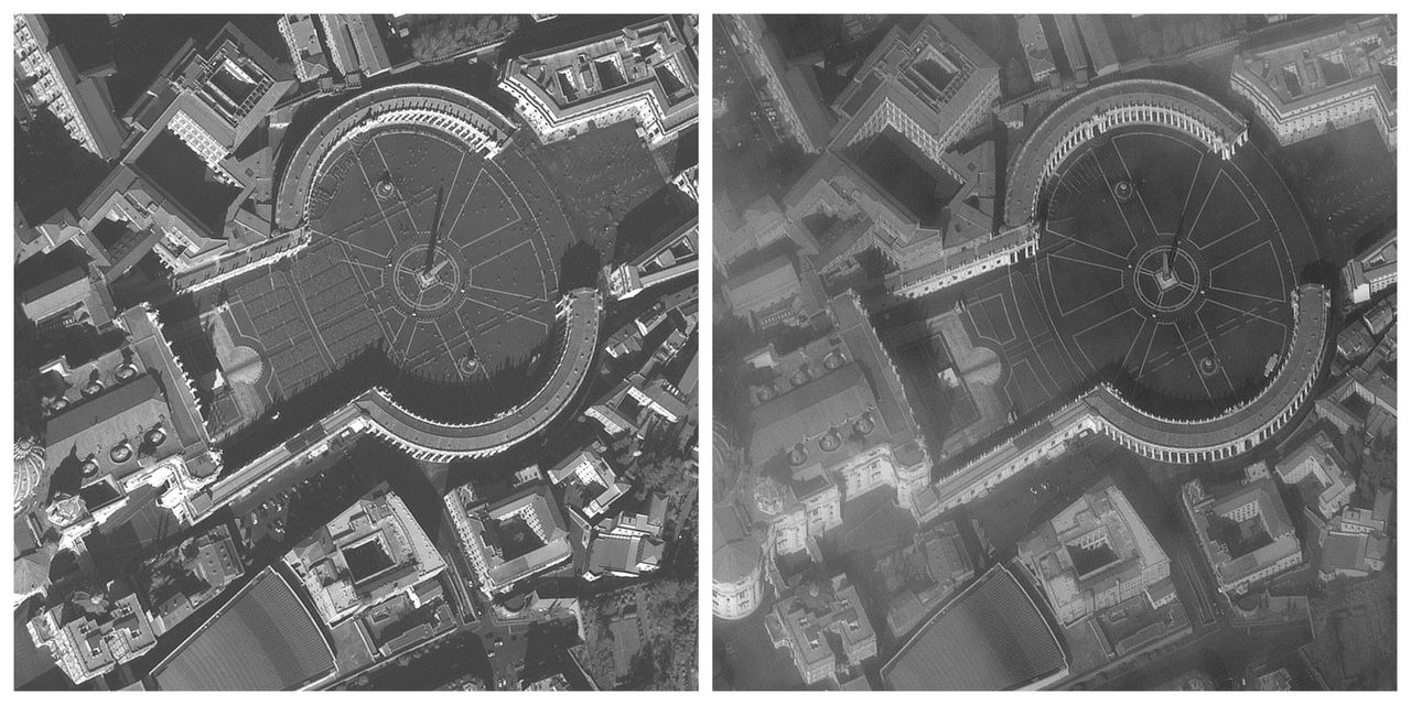 Ιδια αντίθεση και στην πλατεία του Αγίου Πέτρου, στην ιταλική πρωτεύουσα. Οι διαφορές ανάμεσα στο πριν (αριστερά, 21 Φεβρουαρίου) και το μετά (δεξιά, 18 Μαρτίου) είναι εμφανείς.