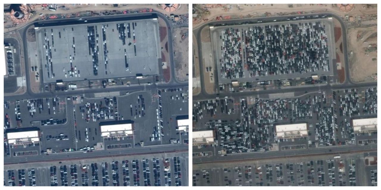 Αριστερά: Τα περισσότερα από τα ενοικιαζόμενα αυτοκίνητα στο Διεθνές Αεροδρόμιο του Σολτ Λέικ Σίτι έχουν διατεθεί σε πελάτες (5 Μαρτίου)Δεξιά: Το πάρκινγκ έχει γεμίσει ασφυκτικά από τα οχήματα που επέστρεψαν και δεν ξανανοικιάστηκαν (16 Μαρτίου)