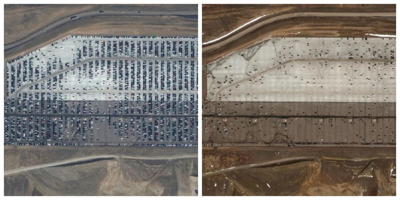 Αριστερά: Το πάρκινγκ του Διεθνούς Αεροδρομίου του Ντένβερ φιλοξενεί εκατοντάδες αυτοκίνητα επισκεπτών και ταξιδιωτών (7 Ματρίου)Δεξιά: Κι όμως, αυτό είναι το ίδιο πάρκινγκ δύο ενδομάδες αργότερα (23 Μαρτίου)