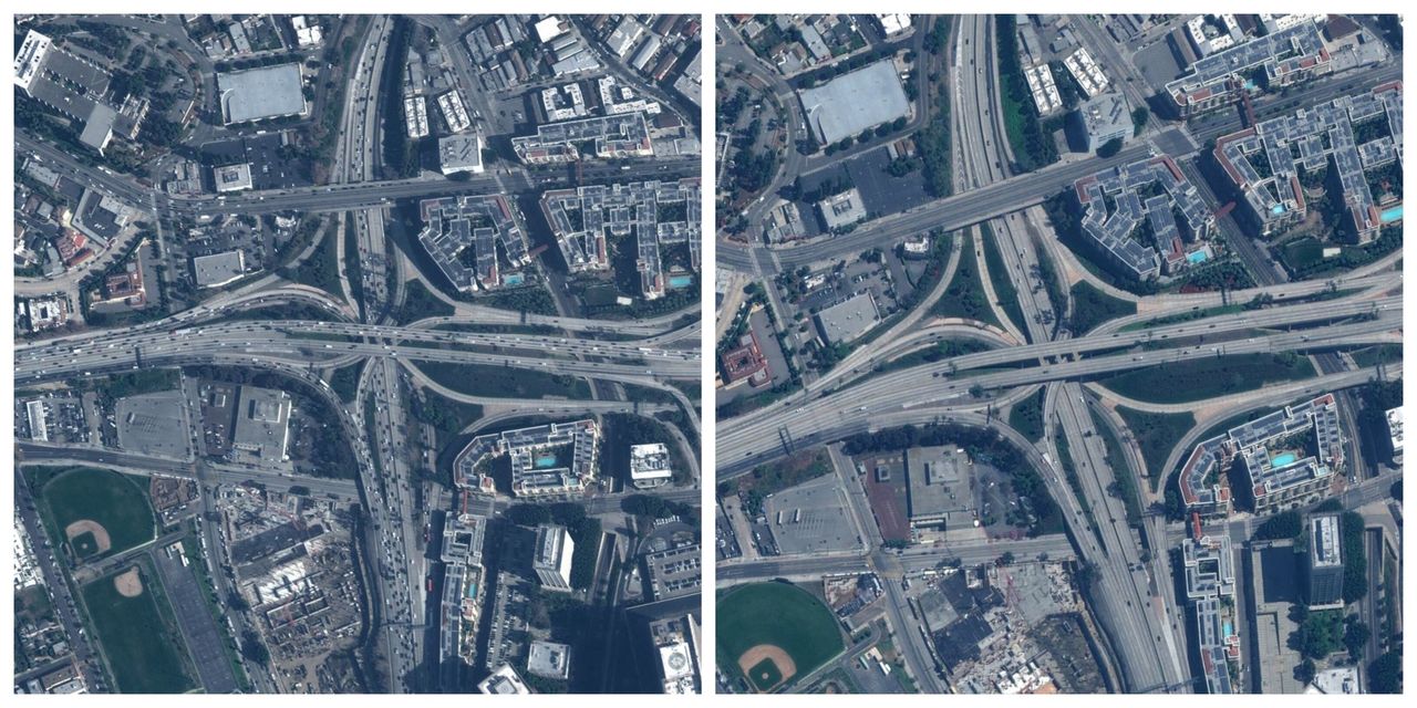 Αριστερά: Κόμβος σε αυτοκινητόδρομο του Λος Αντζελες με έντονη κυκλοφορία οχημάτων (28 Ιανουαρίου)Δεξιά: Τα διερχόμενα οχήματα είναι μετρημένα στα δάκτυλα (22 Μαρτίου)