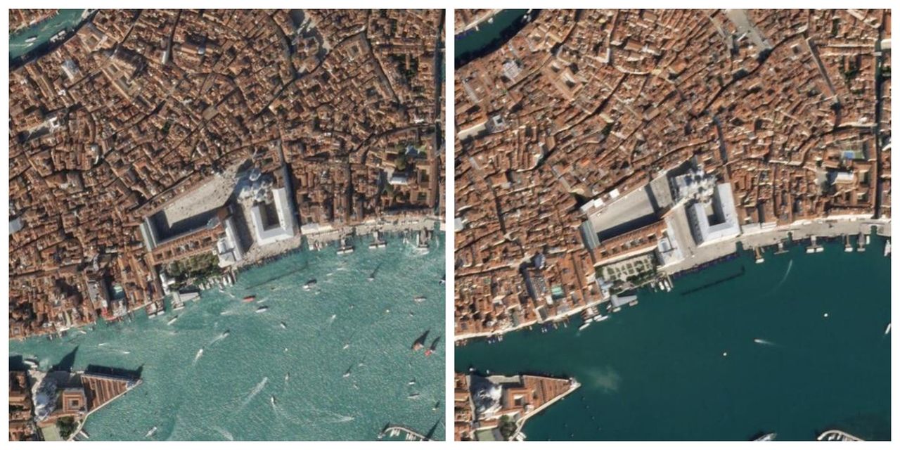 Αριστερά: Η Βενετία σφύζει από ζωή και επισκέπτες (20 Οκτωβρίου)Δεξιά: Η κίνηση στην πόλη έχει μειωθεί δραματικά (18 Μαρτίου)