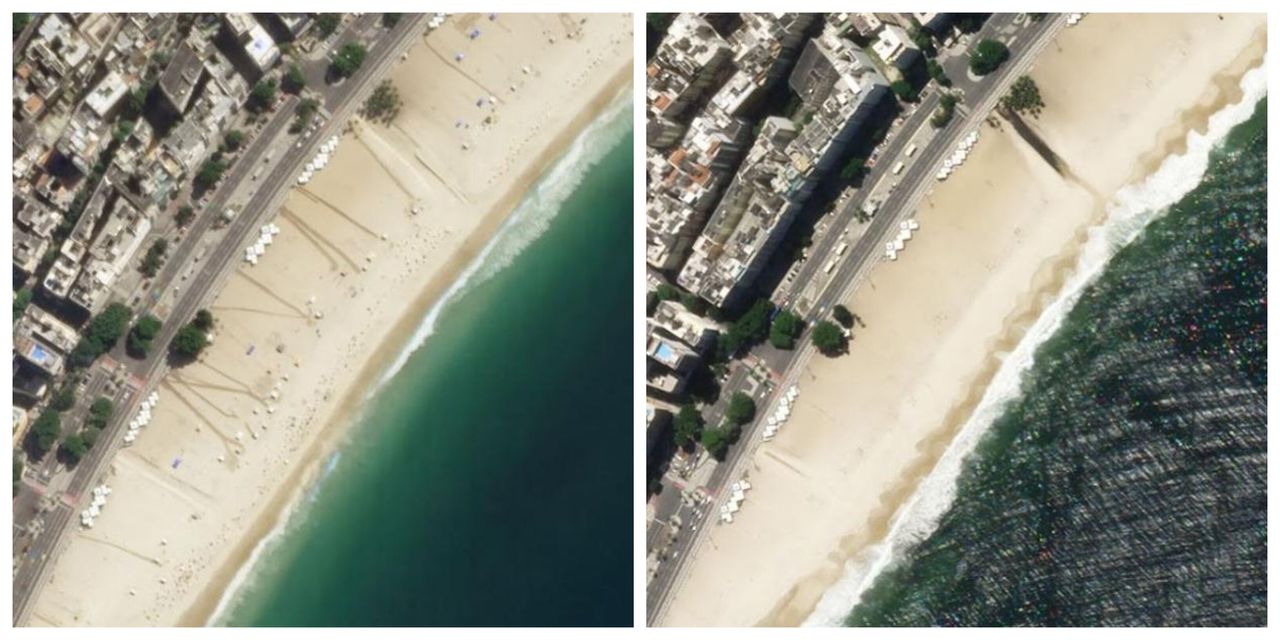 Αριστερά: Η διάσημη Κοπακαμπάνα Ρίο ντε Τζανέιρο με κόσμο (28 Απριλίου 2018)Δεξιά: Η Κοπακαμπάνα ερημωμένη (23 Μαρτίου)