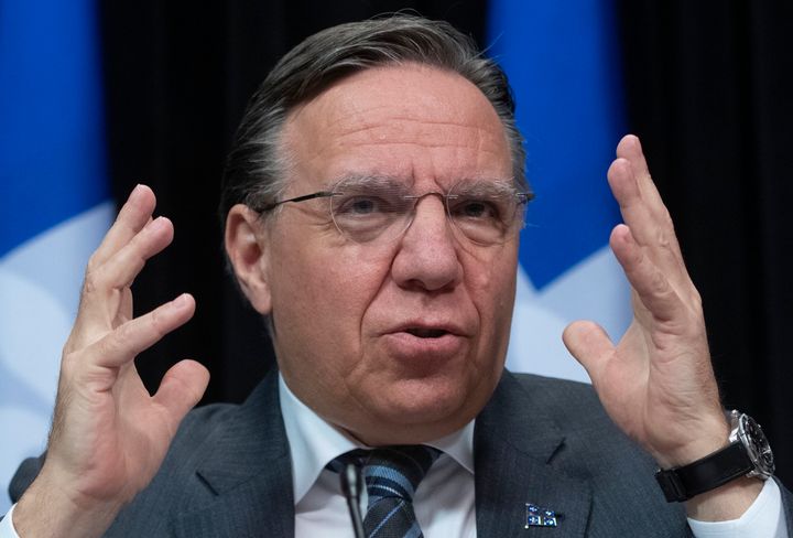 Quebec Premier Francois Legault answers questions at a news conference on the COVID-19 pandemic on May 19, 2020 at the legislature in Quebec City. 