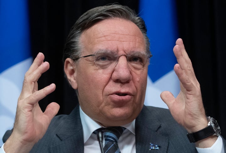 Quebec Premier Francois Legault answers questions at a news conference on the COVID-19 pandemic on May 19, 2020 at the legislature in Quebec City.