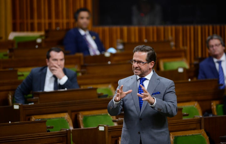 Bloc Quebecois Leader Yves-Francois Blanchet stands during question period in the House of Commons on Parliament Hill amid the COVID-19 pandemic in Ottawa on May 25, 2020. 