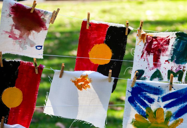 SYDNEY, AUSTRALIA - JULY 13: Artworks painted by children on the day are displayed at Hyde Park on July 13, 2019 in Sydney, Australia. NAIDOC Week celebrations are held across Australia each year to celebrate the history, culture and achievements of Aboriginal and Torres Strait Islander peoples. NAIDOC is celebrated not only in Indigenous communities, but by Australians from all walks of life. (Photo by Jenny Evans/Getty Images)