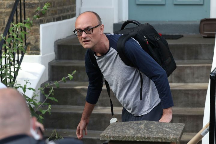 Dominic Cummings, the top aide to Britain's Prime Minister Boris Johnson. leaves his north London home the day after he a gave press conference over allegations he breached coronavirus lockdown restrictions Tuesday May 26, 2020. (Yui Mok/PA via AP)
