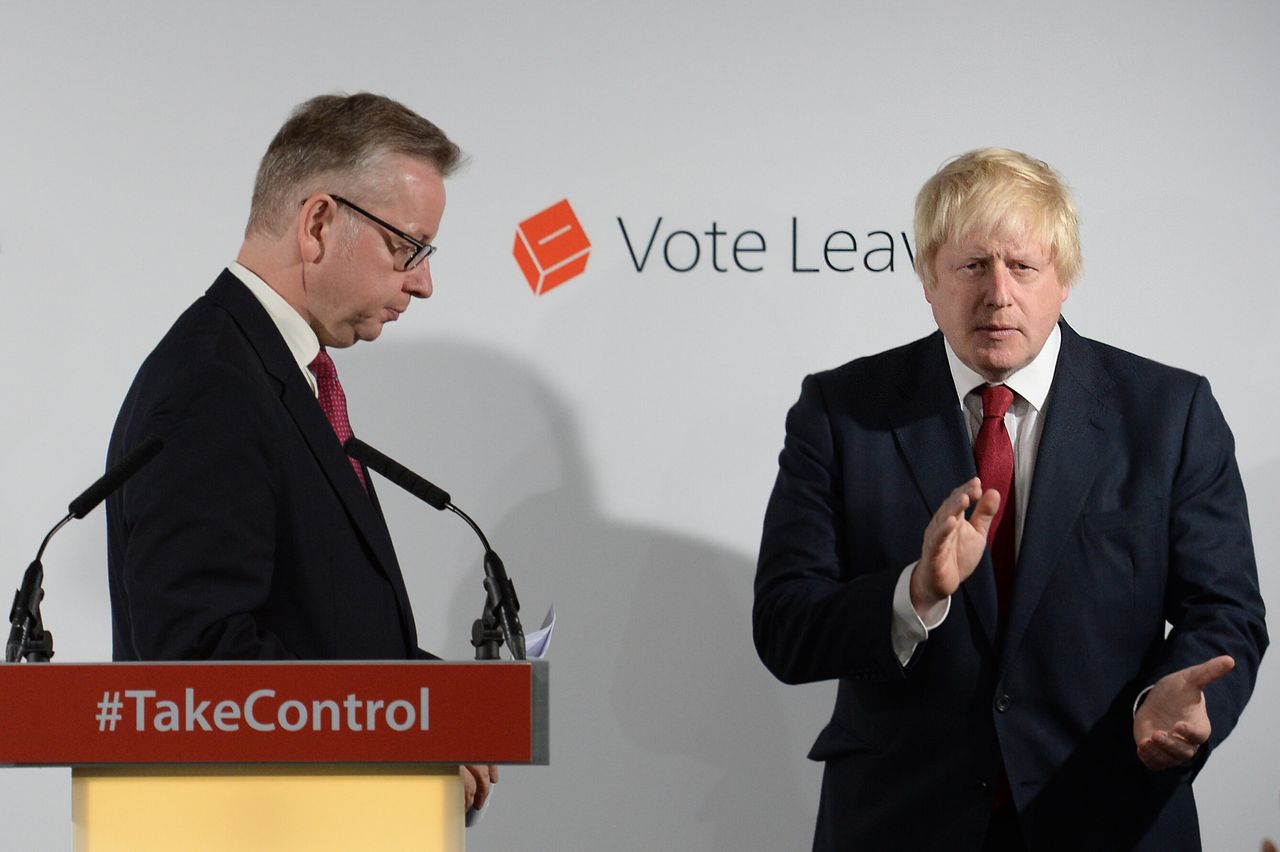 Michael Gove (left) and Boris Johnson holding a press conference at Vote Leave HQ in Westminster, London, after David Cameron announced he would quit as prime minister following a humiliating defeat in the EU referendum. 