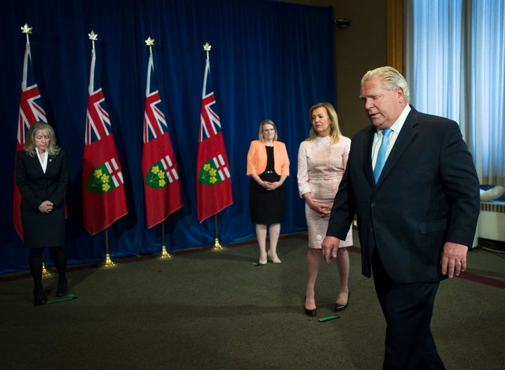 Ontario Premier Doug Ford leaves the podium after answering questions about a disturbing report from the Canadian military regarding COVID-19 outbreaks at Queen's Park in Toronto on May 26, 2020.
