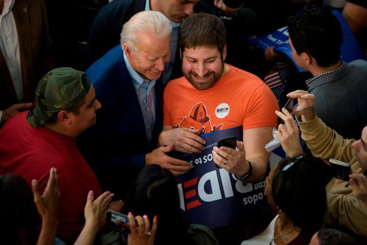 Presidential candidate Joe Biden takes selfies with supporters at a March 2 rally at Texas Southern University in Houston.