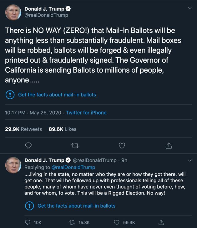 Twitter applied fact-check labels to two of Trump's tweets about mail-in ballots.