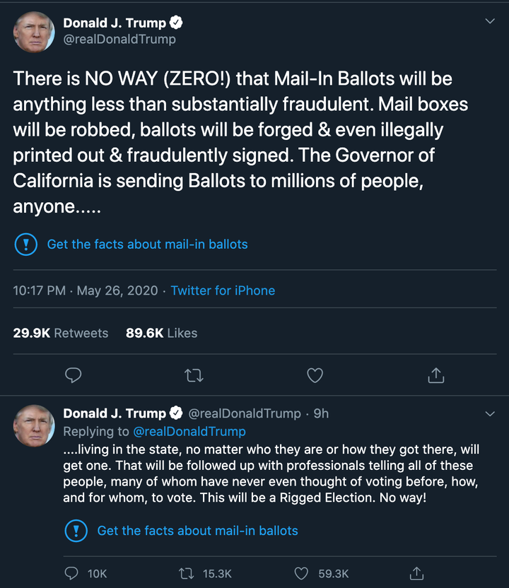 Twitter applied fact-check labels to two of Trump's tweets about mail-in ballots.