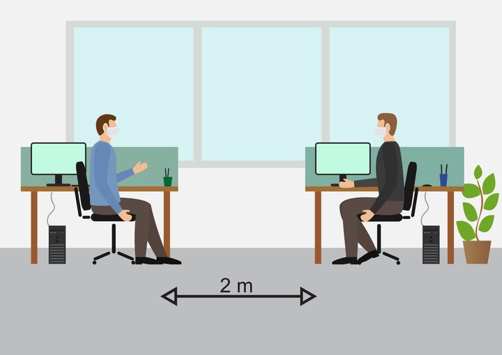 Social Distancing at the Office.Workers Working with Mask, Side view ,talking , flat design illustration vector