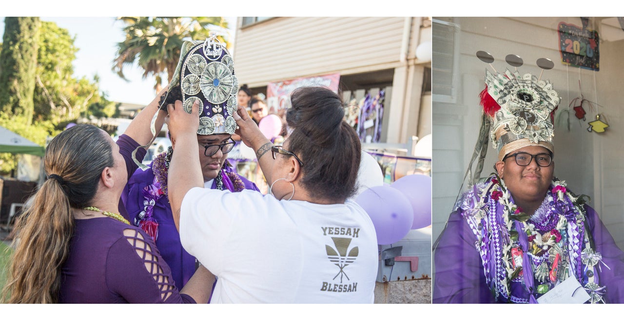 LEFT: Darnelle Man Liugalua (left) helps her son, Princeton Liugalua (middle), put on his money tuiga with the help of Fefe Liugalua (right) at the Liugalua residence in Waipahu, Hawaii, on May 16. RIGHT: Princeton Liugalua, a Pearl City High School graduate, had a drive-by graduation party that drew more than 300 people. 