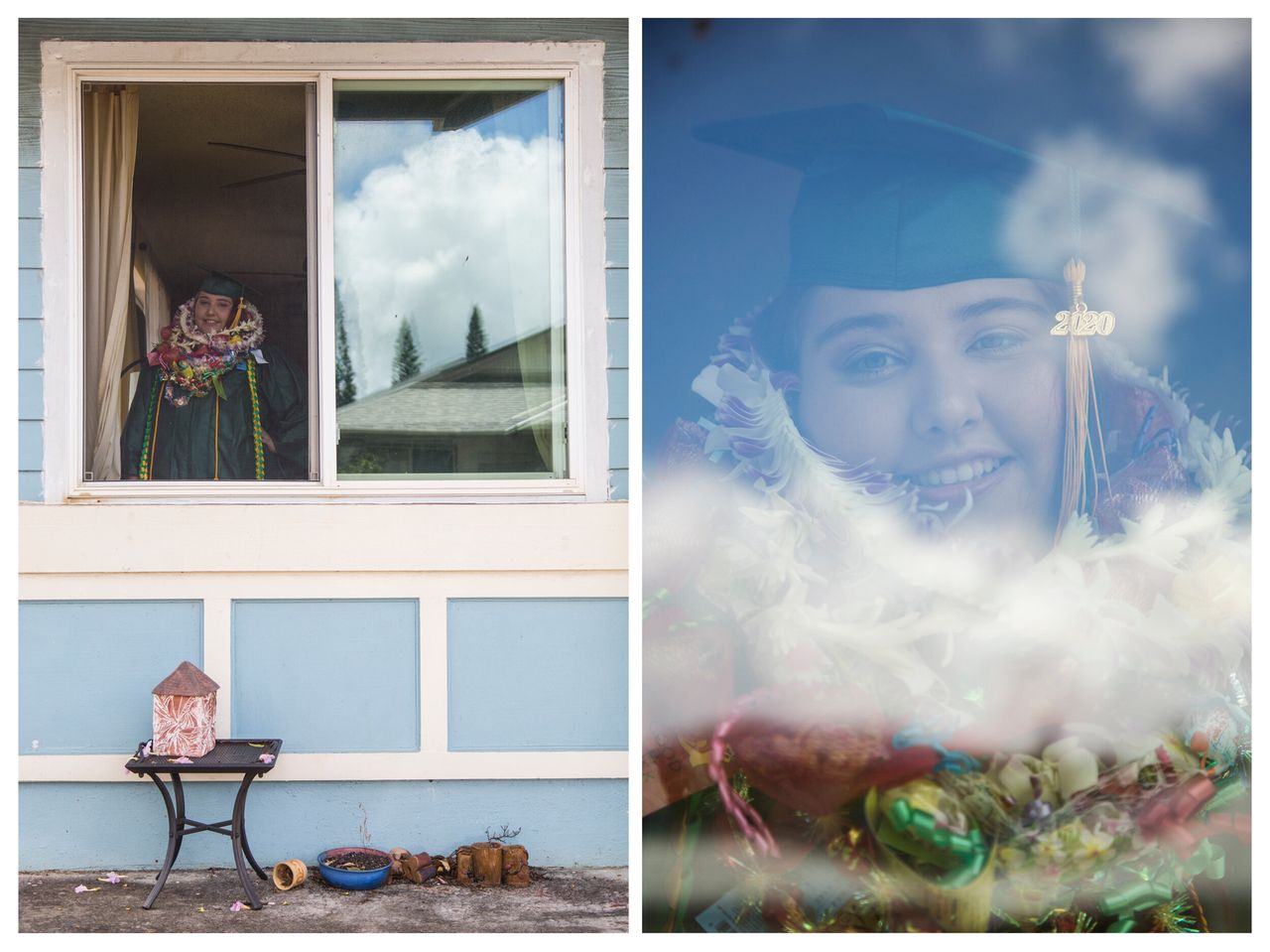 Asha Silva, a Leilehua High School graduate, shows off her colorful leis at her home in Mililani, Hawaii, on May 23.