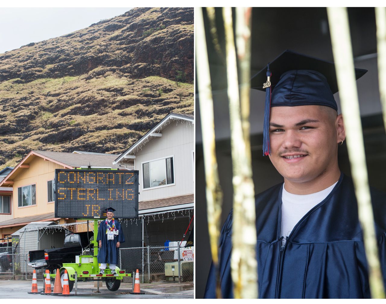 Sterling Hauki Williams Jr., a Waiʻanae High School graduate, stands atop a customized electronic road sign at his home in Waiʻanae, Hawaii, on May 23.