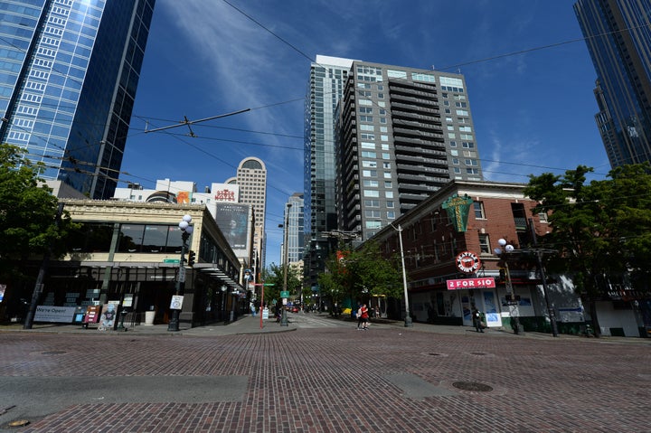 Streets near Seattle's Pike Place Market on May 9, 2020, have little foot and automobile traffic due to the stay-at-home order.