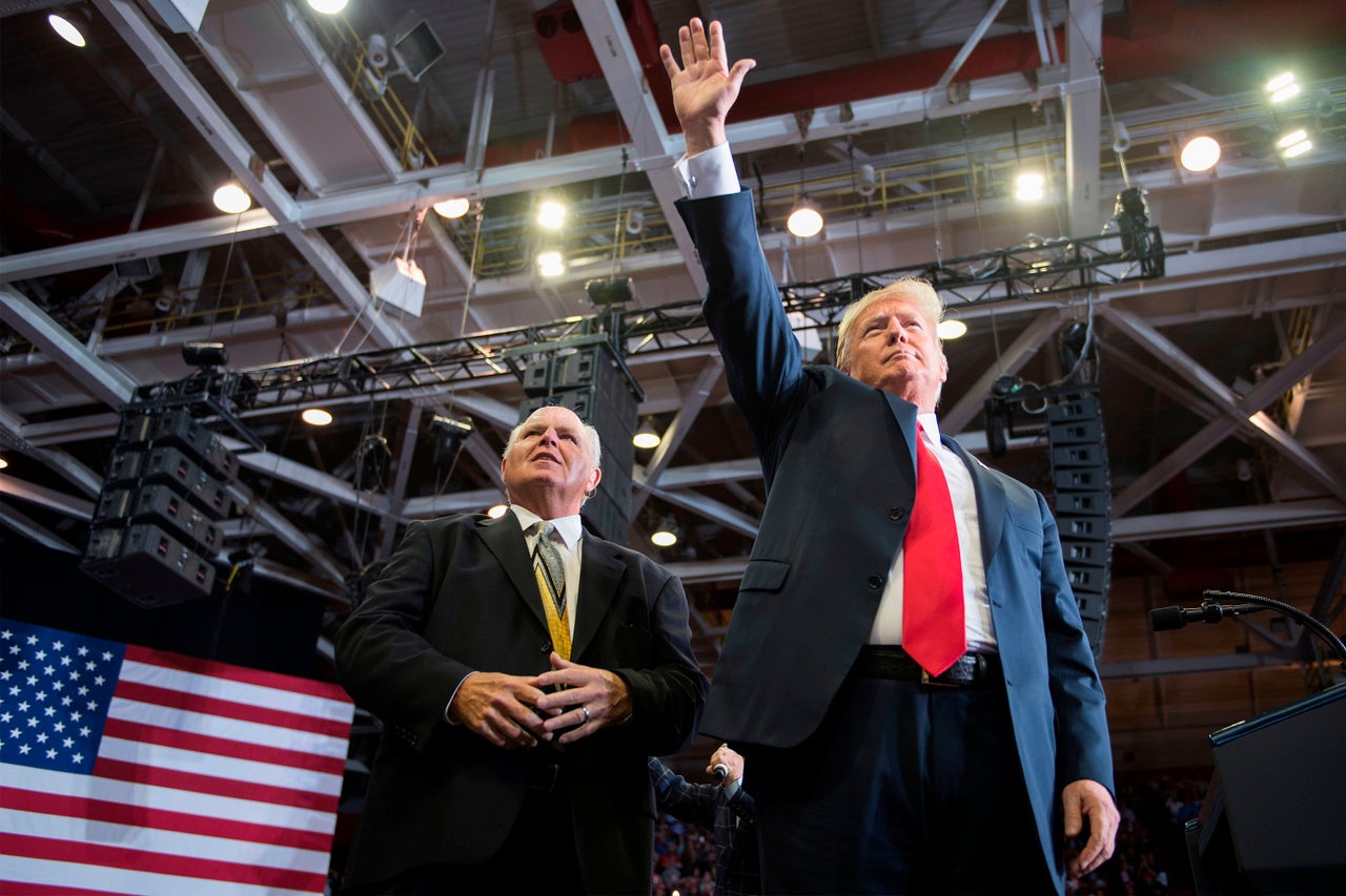 President Donald Trump alongside Rush Limbaugh at a 2018 rally.