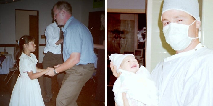 Kenney dancing with his daughter when she was younger. On the right, he's pictured with her in the delivery room.