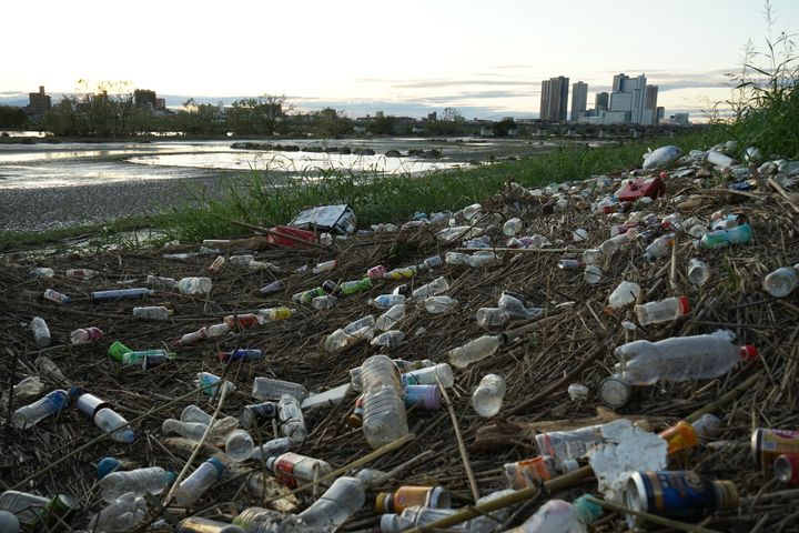 台風19号の大雨で増水した多摩川の河川敷に流れ着いたペットボトルやプラスチックなどのごみ（2019年10月）