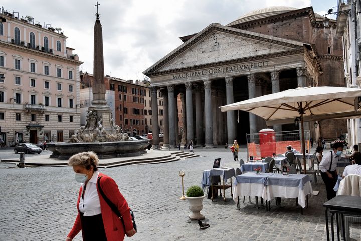 A cafe facing the Pantheon in Rome on May 20. Without tourists or office workers, many restaurants and bars remain empty.