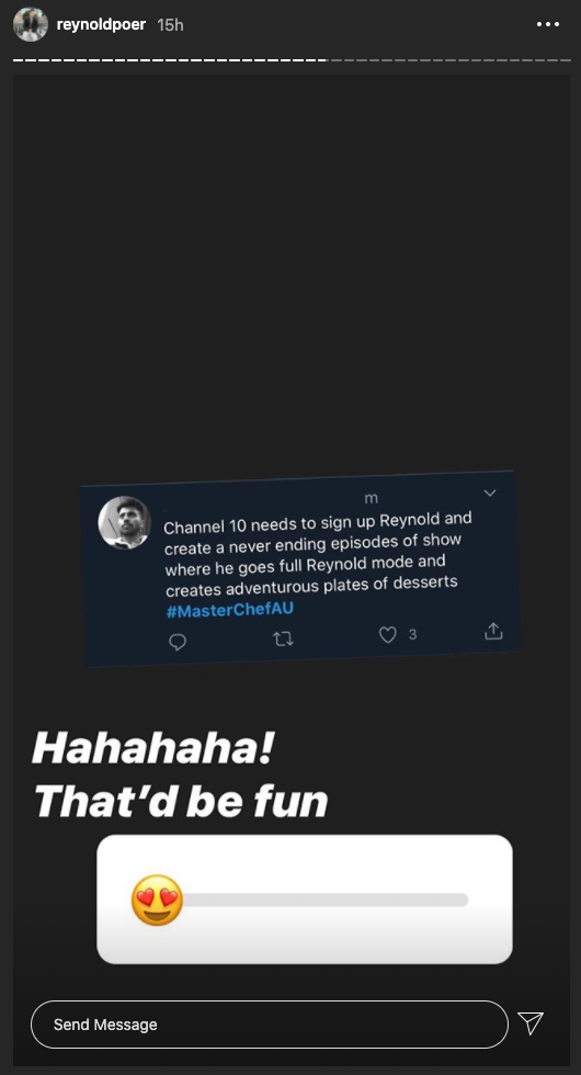 'MasterChef Australia: Back To Win' contestant Reynold Poernomo responds to a viewer about having his own show.